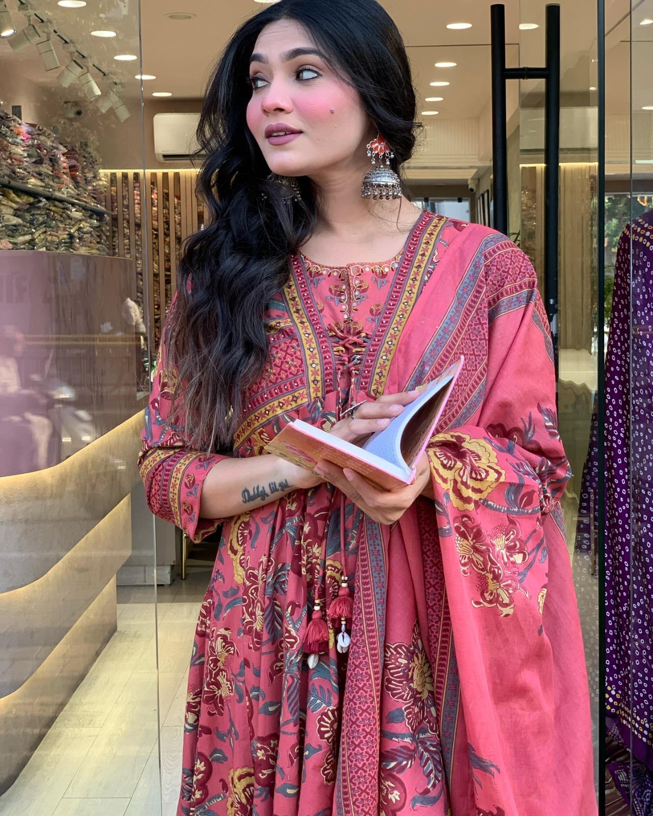 Traditional Rust Pink Print Cotton Kurta Set with Dupatta
