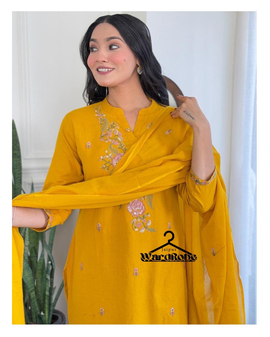 Sunshine Yellow Embroidered Cotton Kurta Set with Dupatta