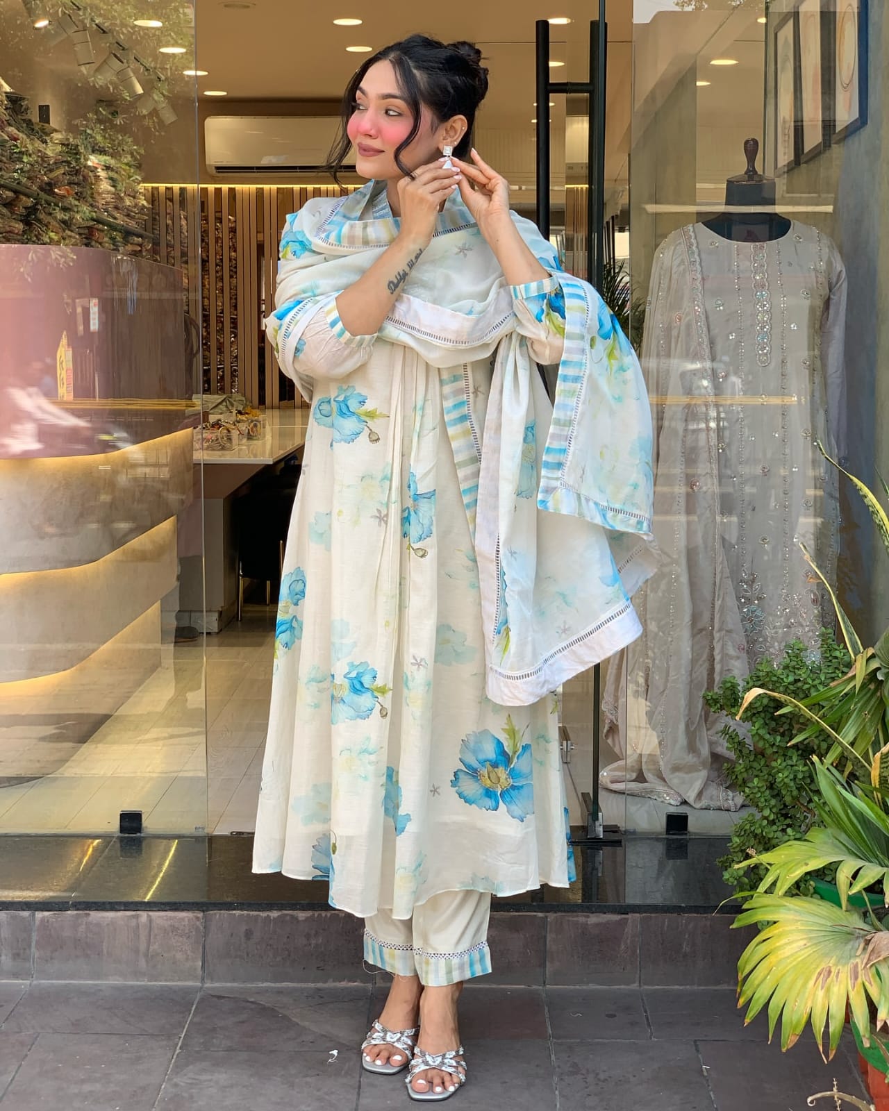Hand-Painted Floral Anarkali Set