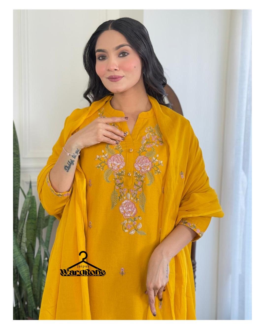 Sunshine Yellow Embroidered Cotton Kurta Set with Dupatta