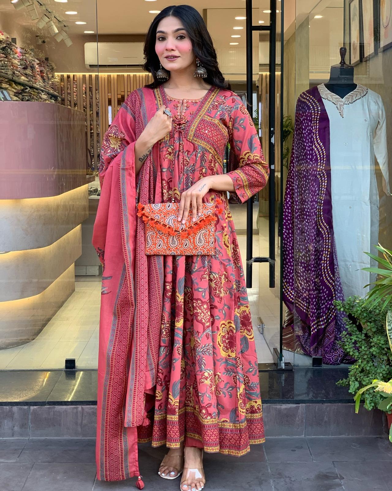Traditional Rust Pink Print Cotton Kurta Set with Dupatta