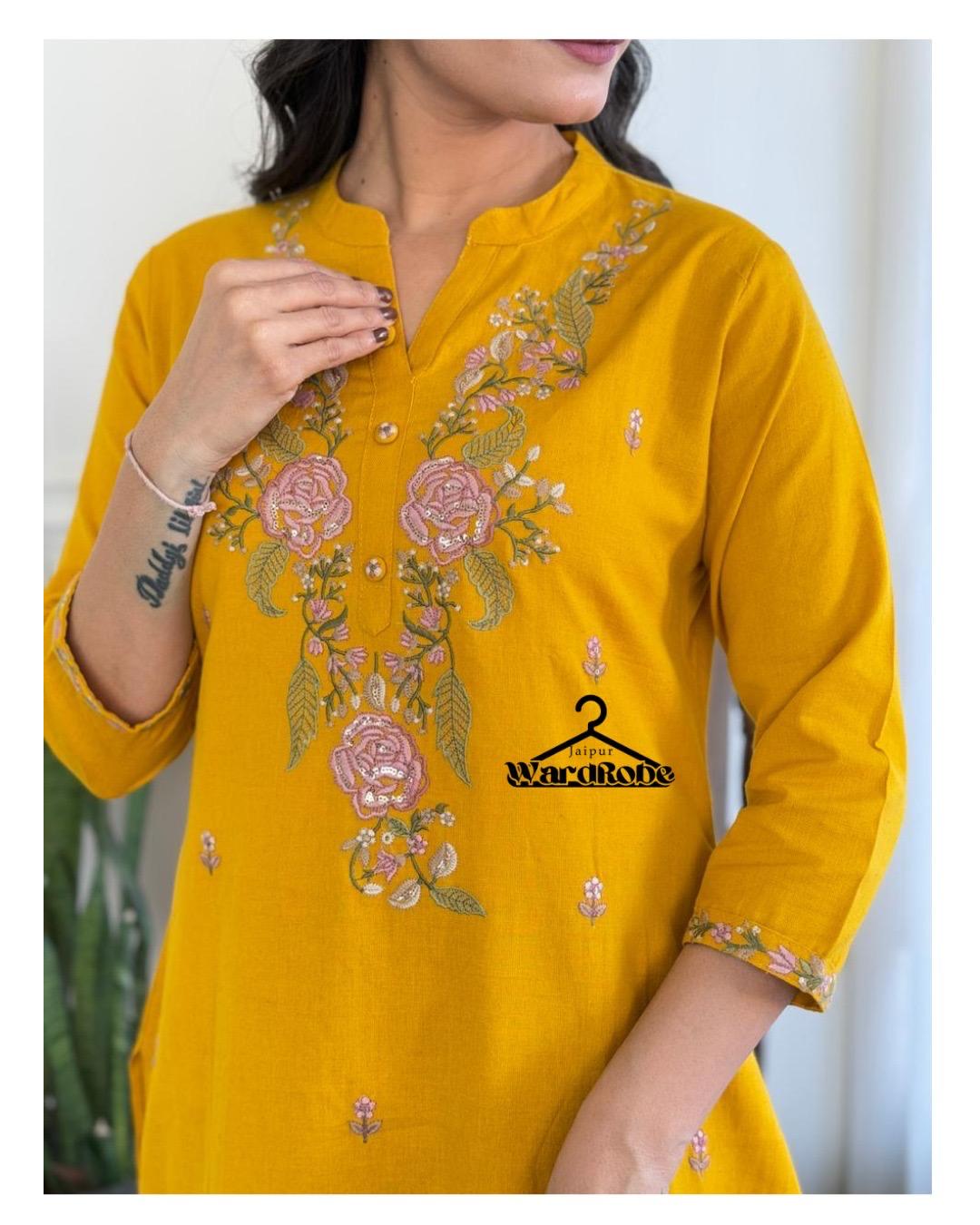 Sunshine Yellow Embroidered Cotton Kurta Set with Dupatta