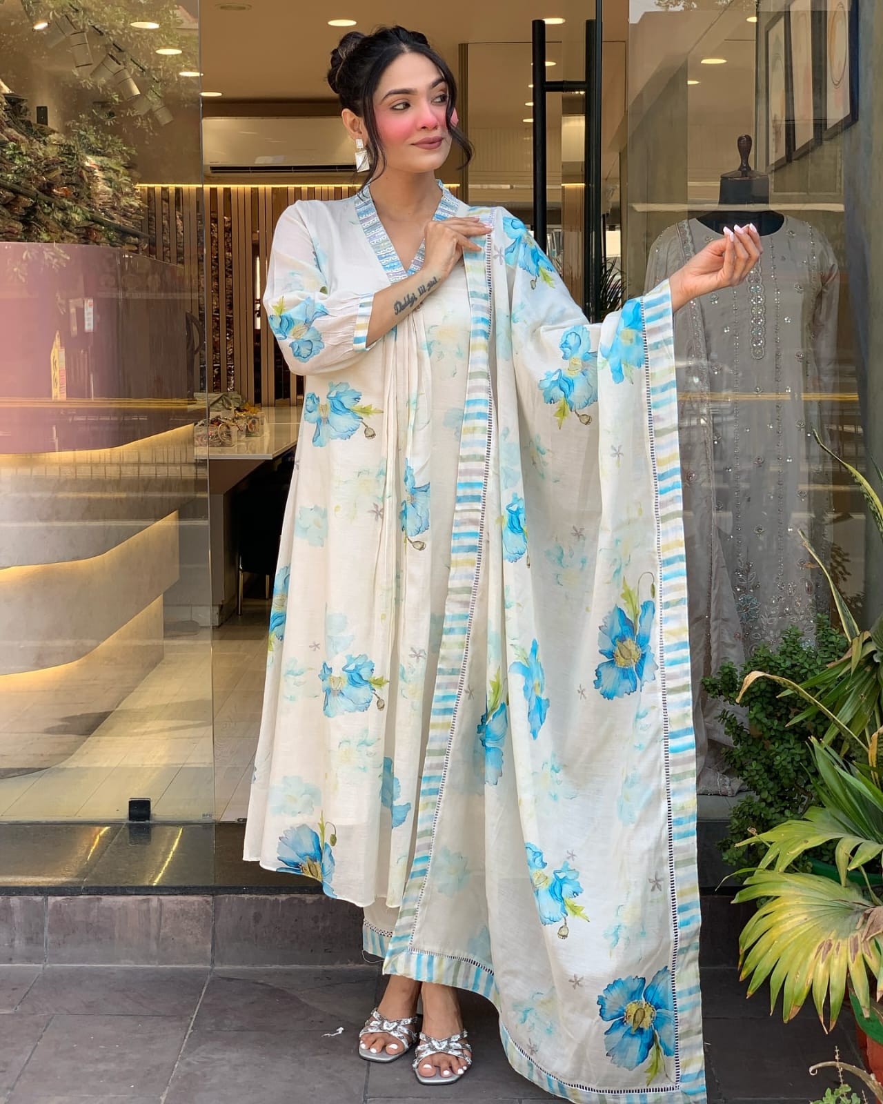 Hand-Painted Floral Anarkali Set