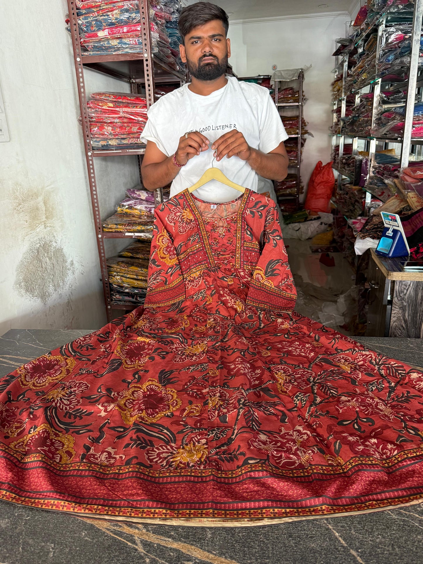 Traditional Rust Red Block Print Cotton Kurta Set with Dupatta