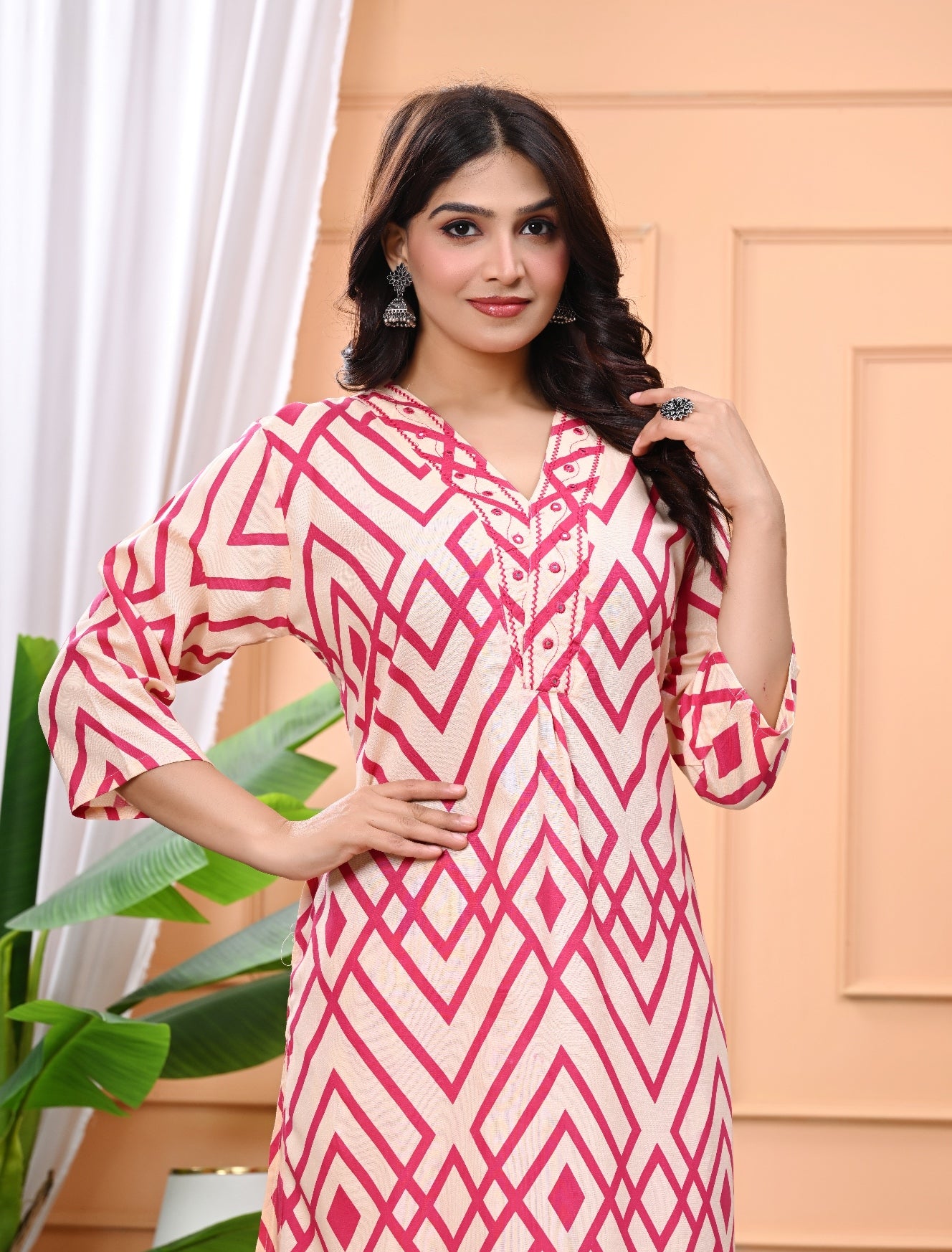 Vibrant Geometric Print Beige & Pink Cotton Kurta Set with Detailing