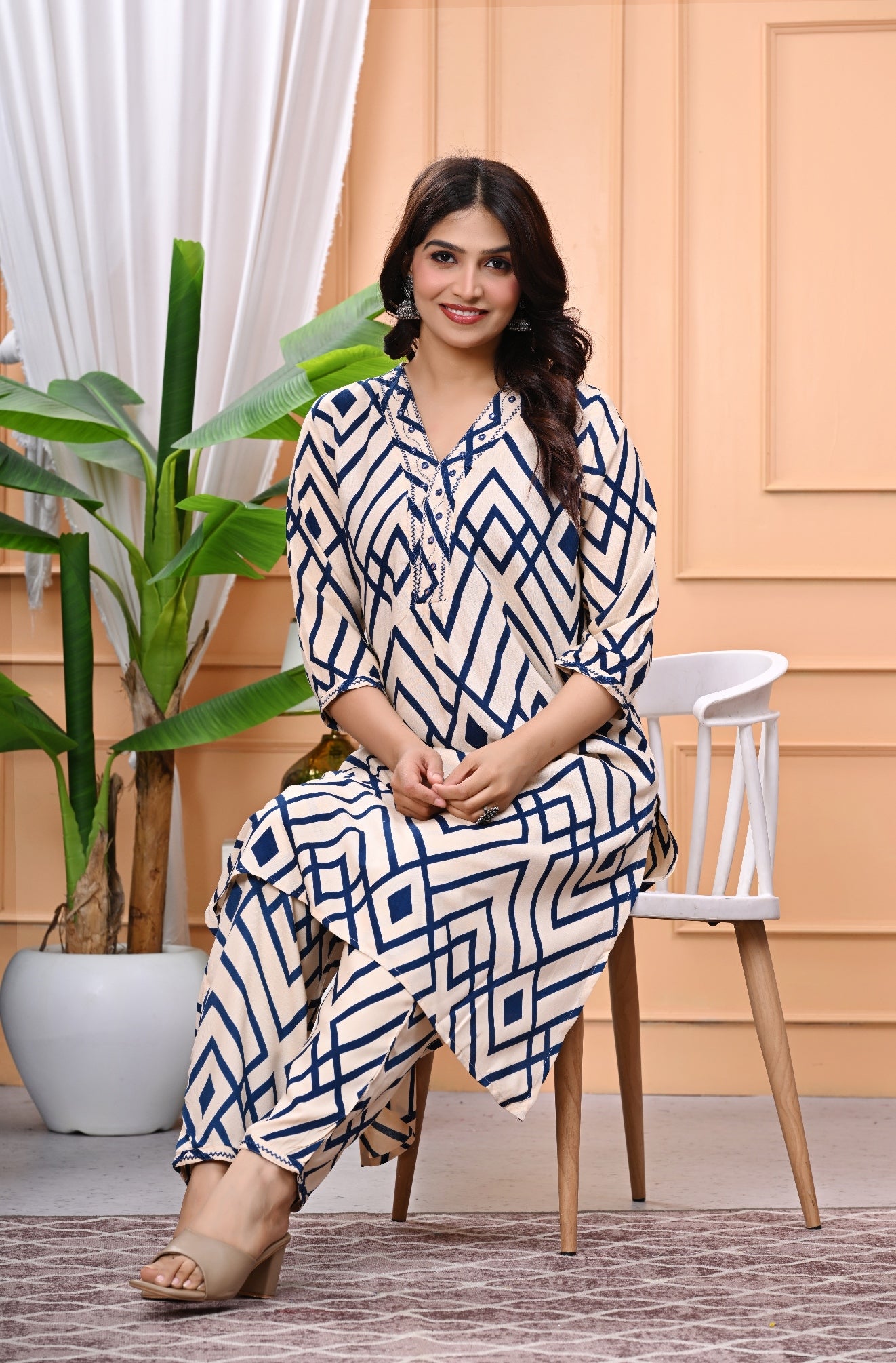 Geometric Print Beige & Navy Blue Cotton Kurta Set with Detailing