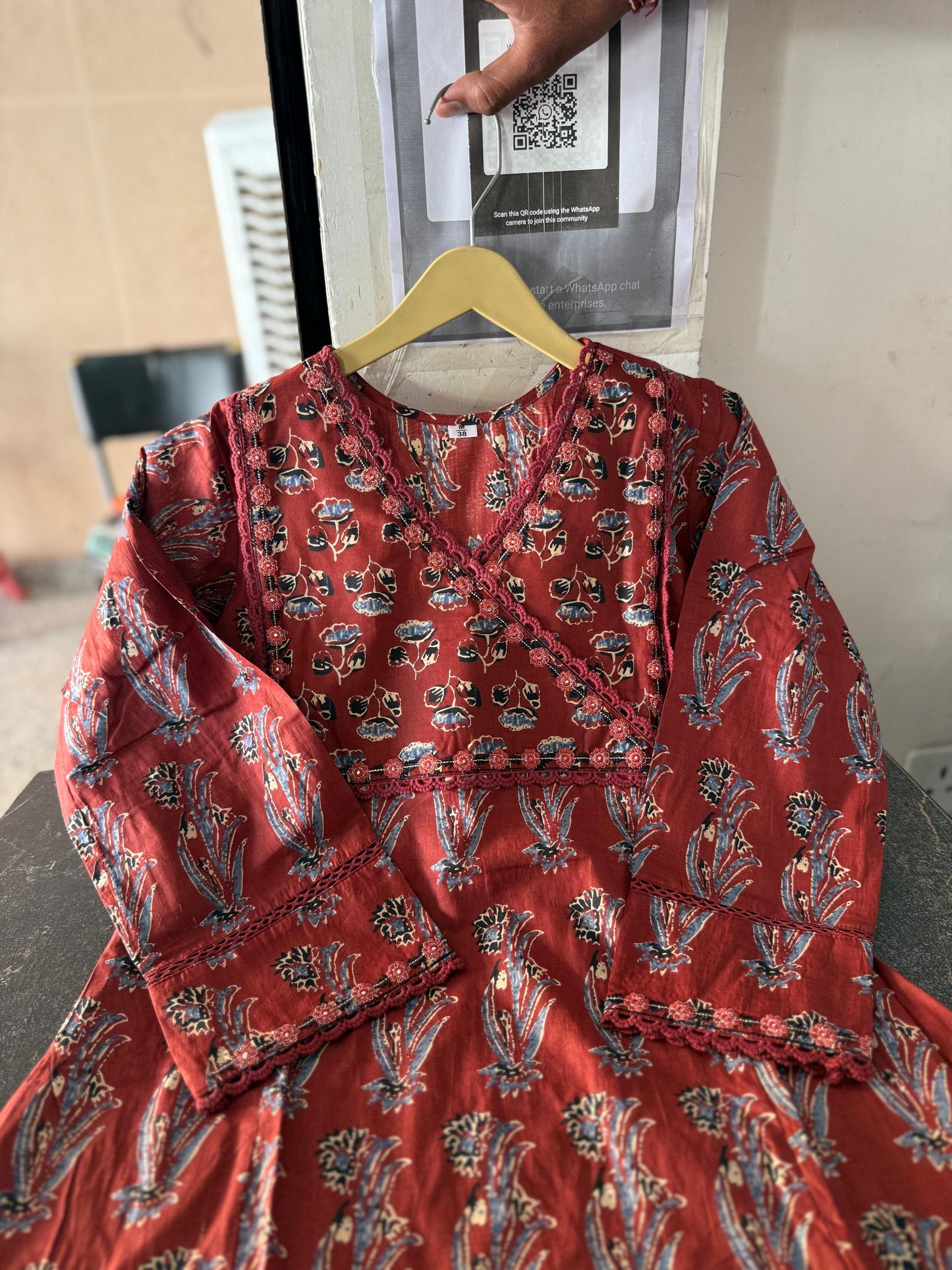 Traditional Rust Red Block Print Cotton Kurta Set with Dupatta