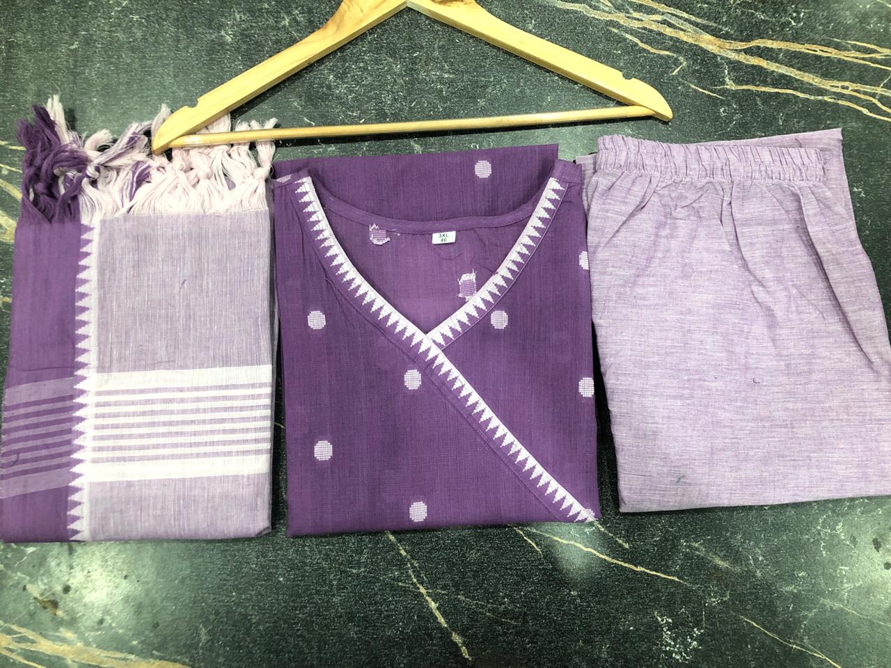 Women's Elegant Polka Dot Cotton Kurta Pant Dupatta Set