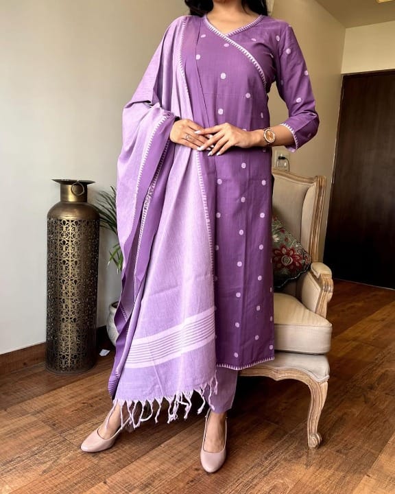 Women's Elegant Polka Dot Cotton Kurta Pant Dupatta Set