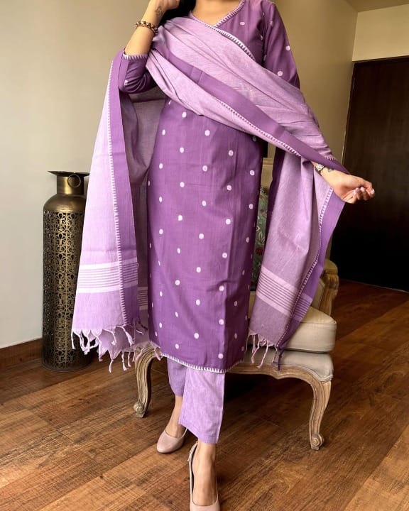 Women's Elegant Polka Dot Cotton Kurta Pant Dupatta Set