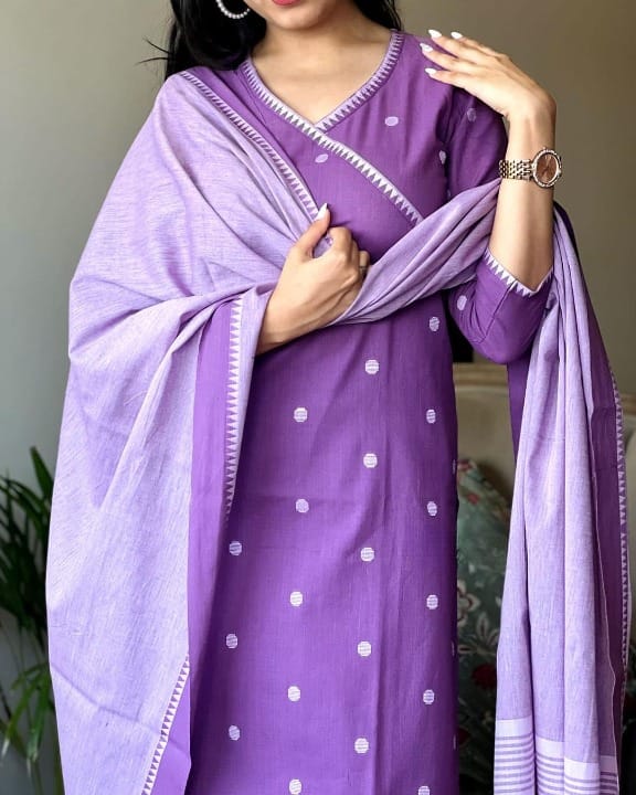 Women's Elegant Polka Dot Cotton Kurta Pant Dupatta Set