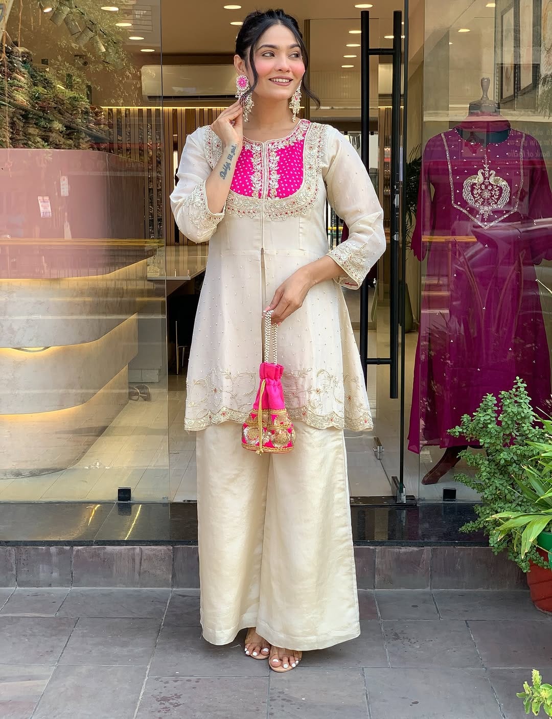 Elegant Ivory & Fuchsia Embroidered Cotton Silk Kurta Set with Palazzo