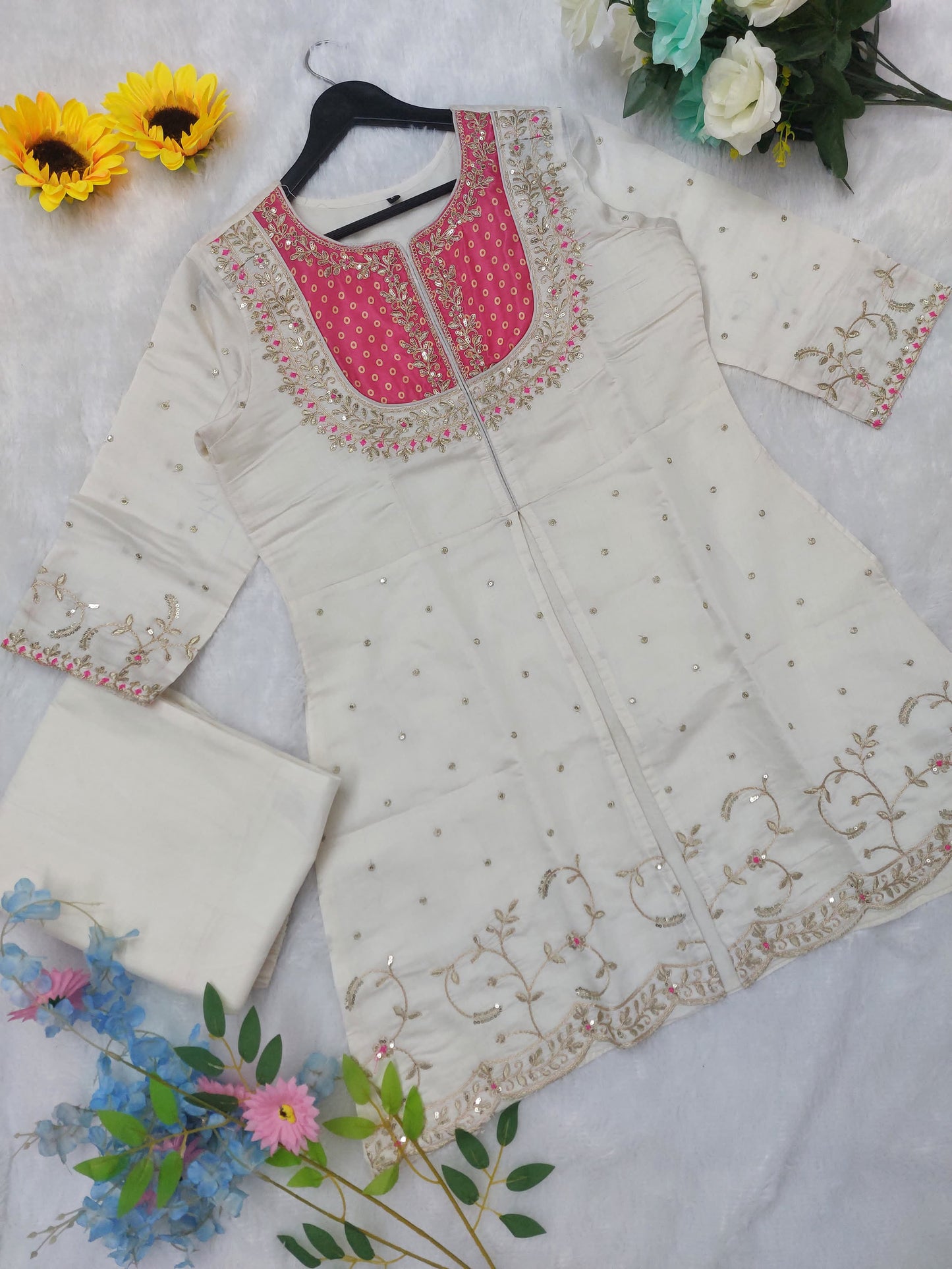 Elegant Ivory & Fuchsia Embroidered Cotton Silk Kurta Set with Palazzo
