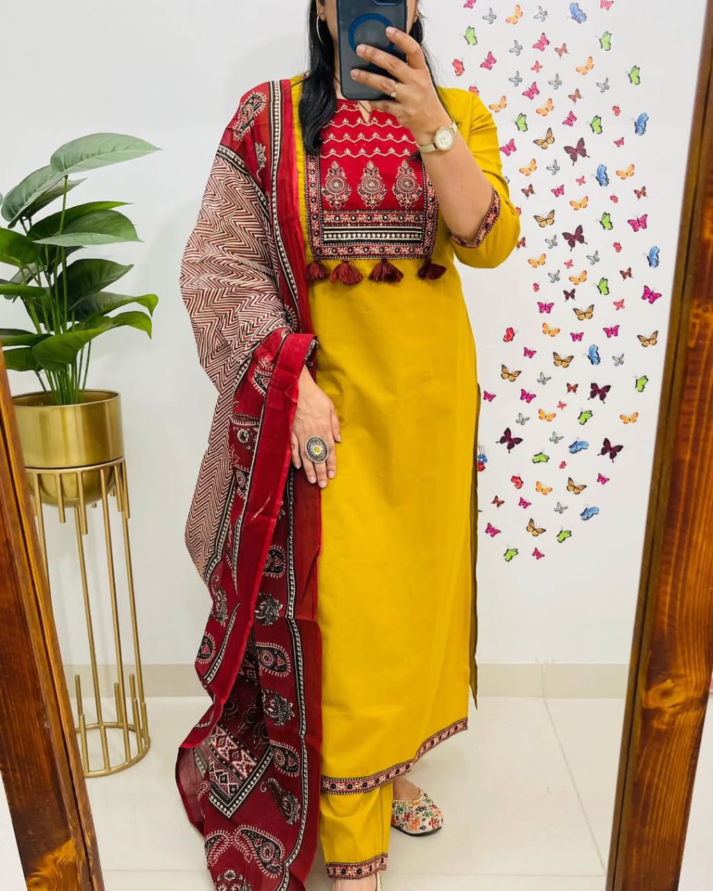Bring on the sunshine with our Mustard and Maroon Kurta Set!