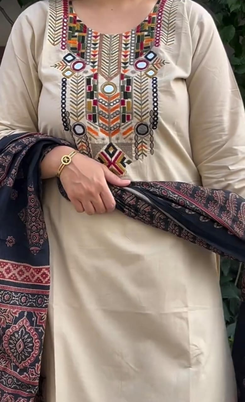Classic Ivory Embroidered Kurta Set with Printed Dupatta