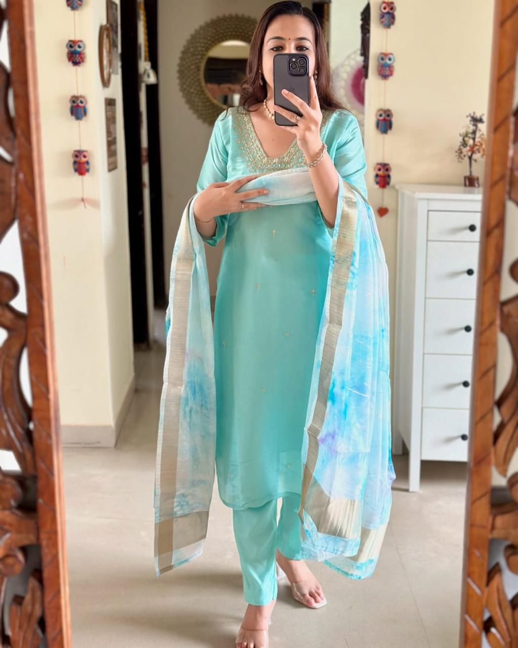 Aqua Blue Silk Kurta Set with Dupatta