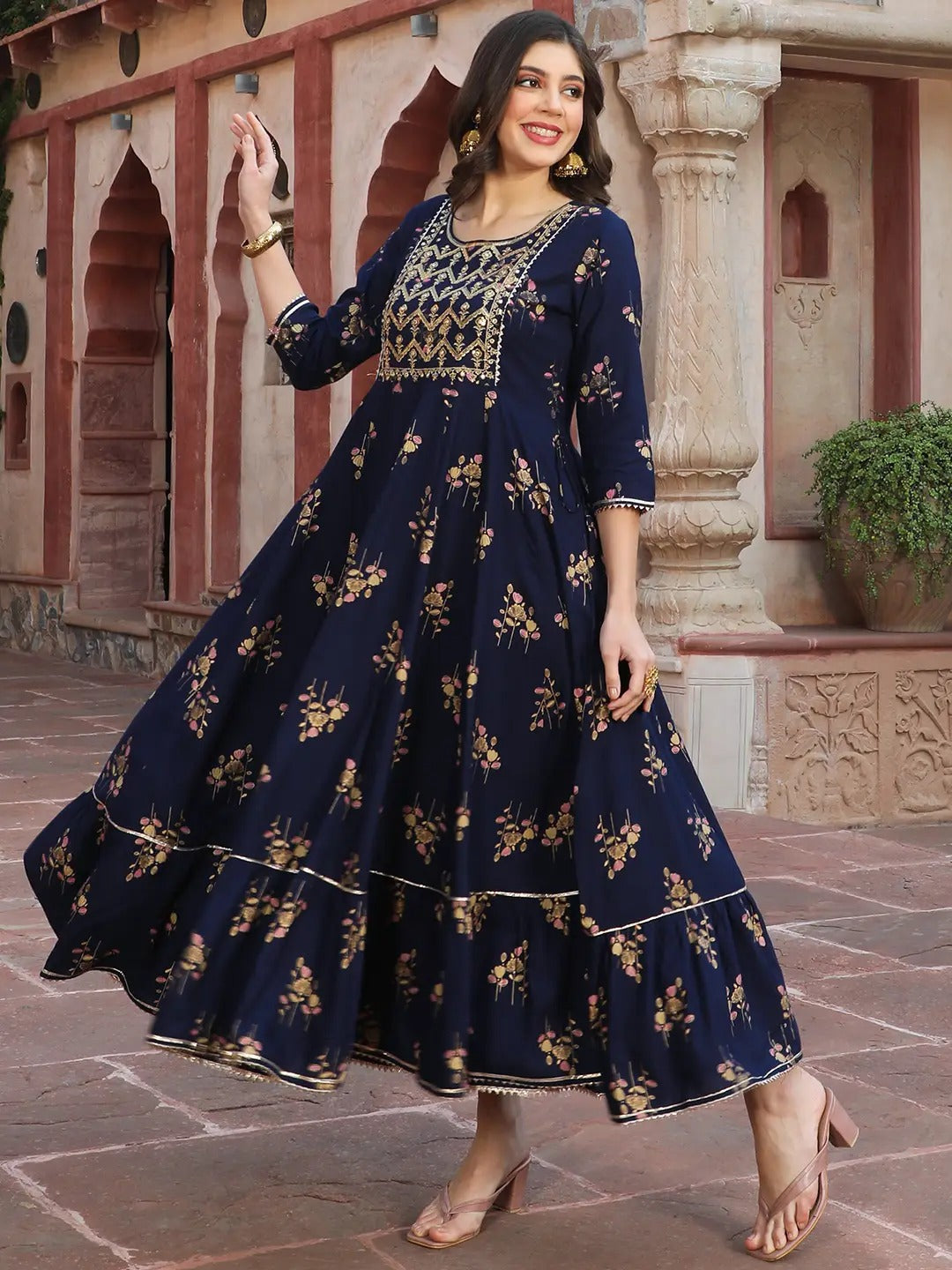 Women’s Blue & Gold Printed A-line Kurta with Gota Patti Embroidery