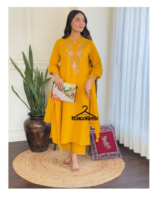 Sunshine Yellow Embroidered Cotton Kurta Set with Dupatta