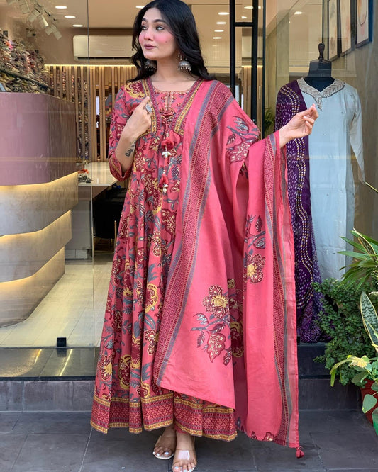 Traditional Rust Pink Print Cotton Kurta Set with Dupatta