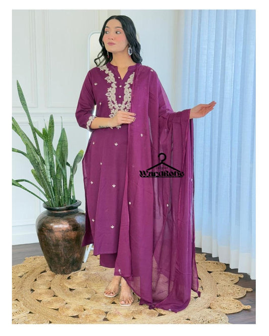Regal Plum Purple Embroidered Cotton Kurta Set with Dupatta