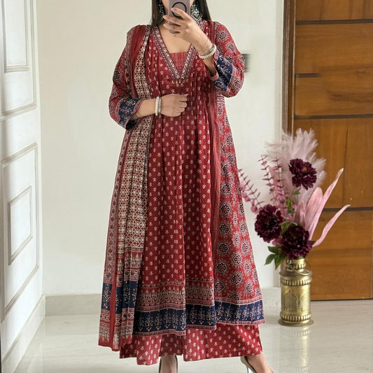 Boho Chic Rust Red & Indigo Block Print Cotton Anarkali Set with Dupatta