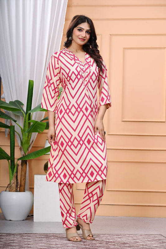 Vibrant Geometric Print Beige & Pink Cotton Kurta Set with Detailing