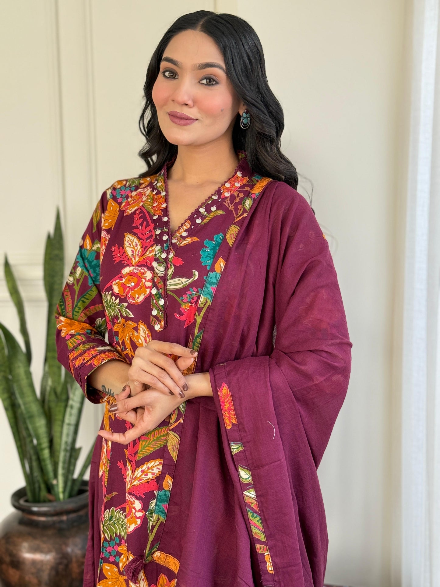 Boho Chic Plum Floral Print & Embroidered Cotton Kurta Set with Dupatta