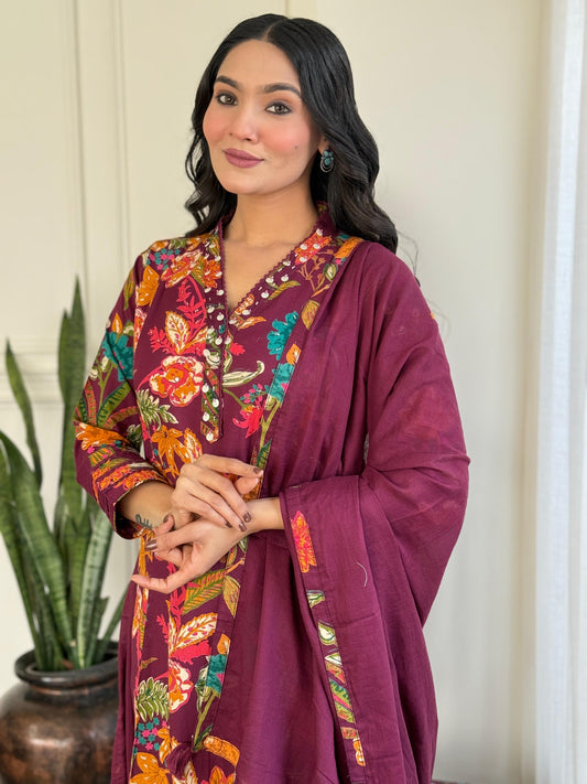 Boho Chic Plum Floral Print & Embroidered Cotton Kurta Set with Dupatta