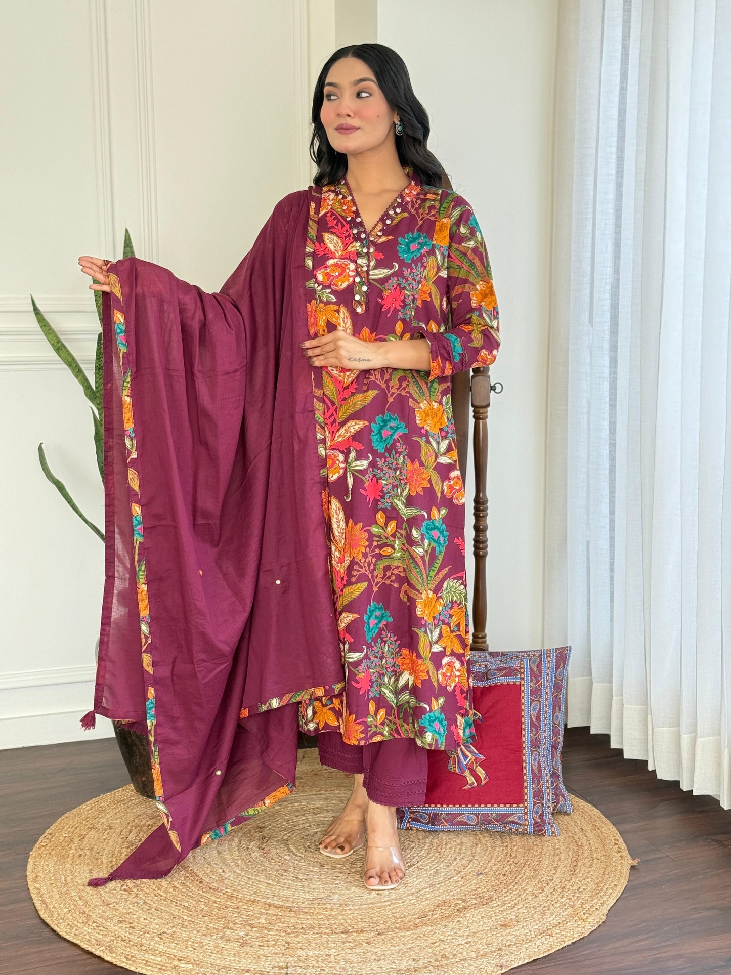 Boho Chic Plum Floral Print & Embroidered Cotton Kurta Set with Dupatta