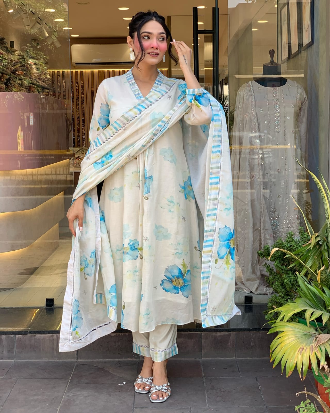 Hand-Painted Floral Anarkali Set