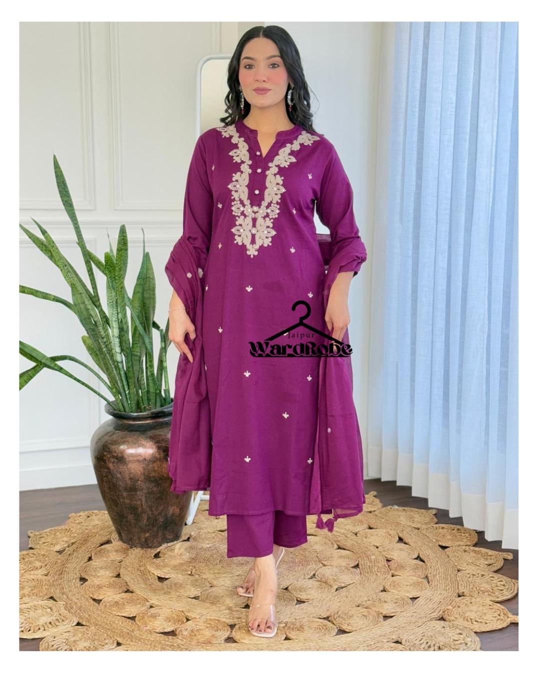 Regal Plum Purple Embroidered Cotton Kurta Set with Dupatta