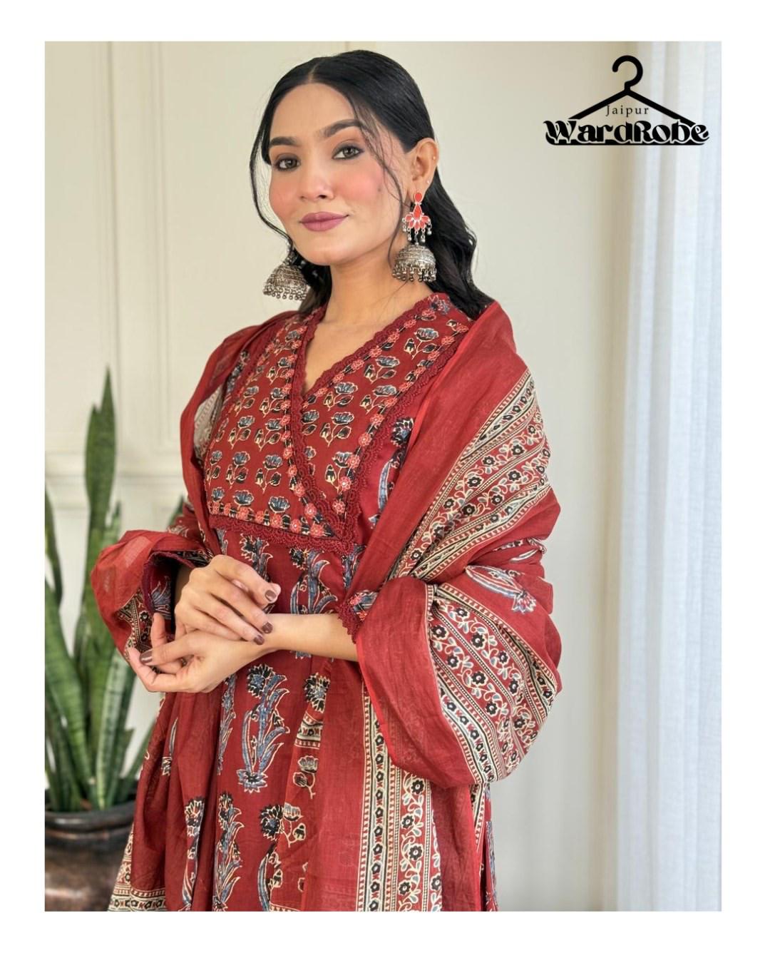 Traditional Rust Red Block Print Cotton Kurta Set with Dupatta