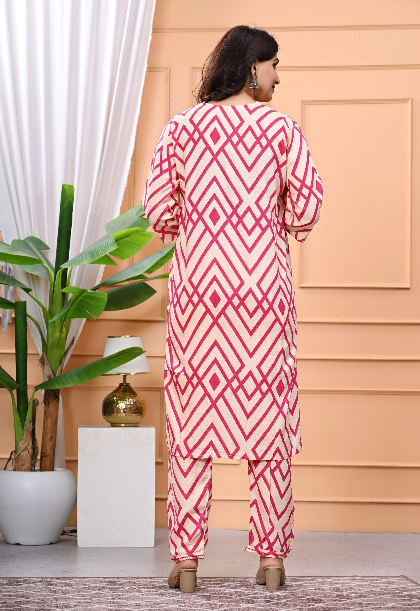 Vibrant Geometric Print Beige & Pink Cotton Kurta Set with Detailing
