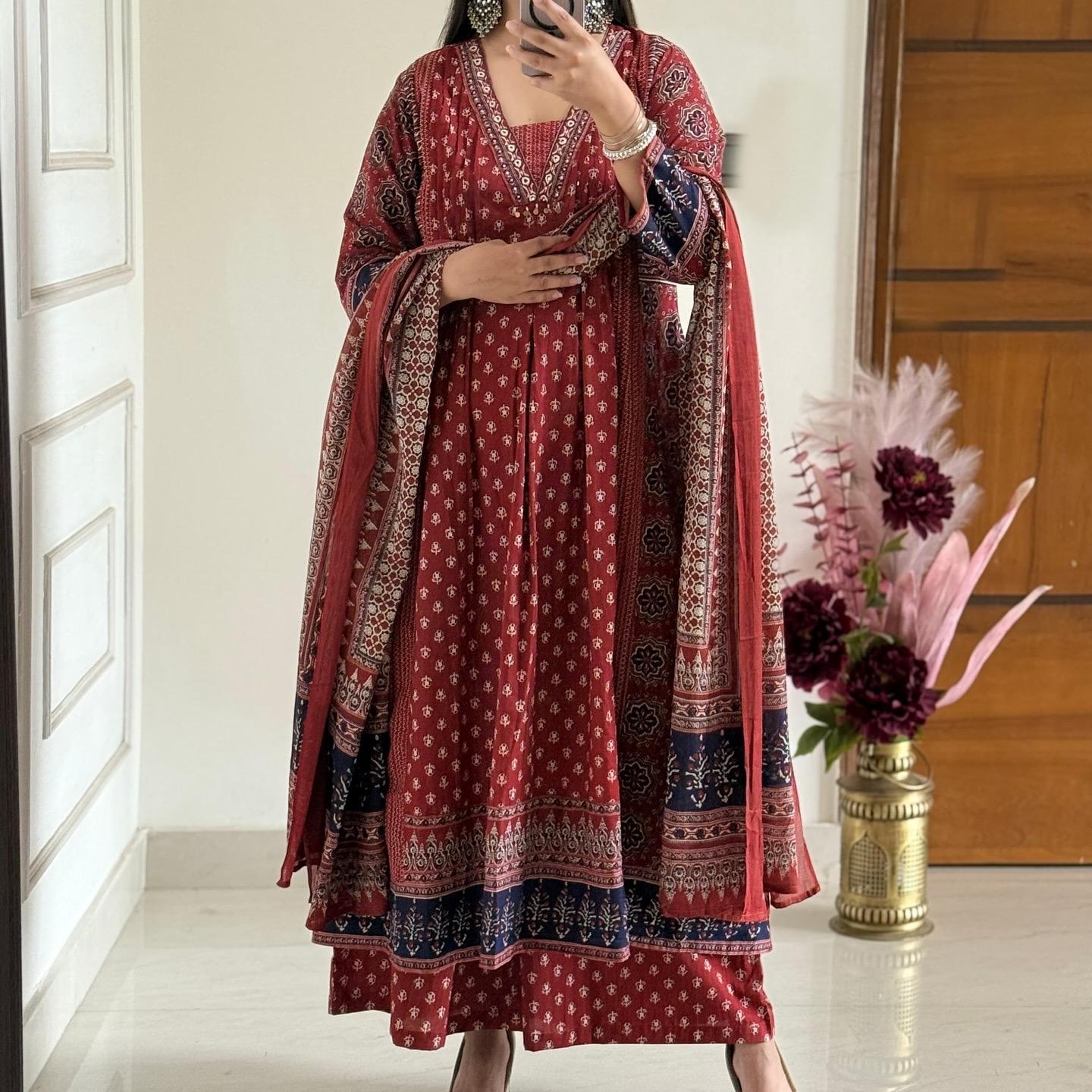 Boho Chic Rust Red & Indigo Block Print Cotton Anarkali Set with Dupatta