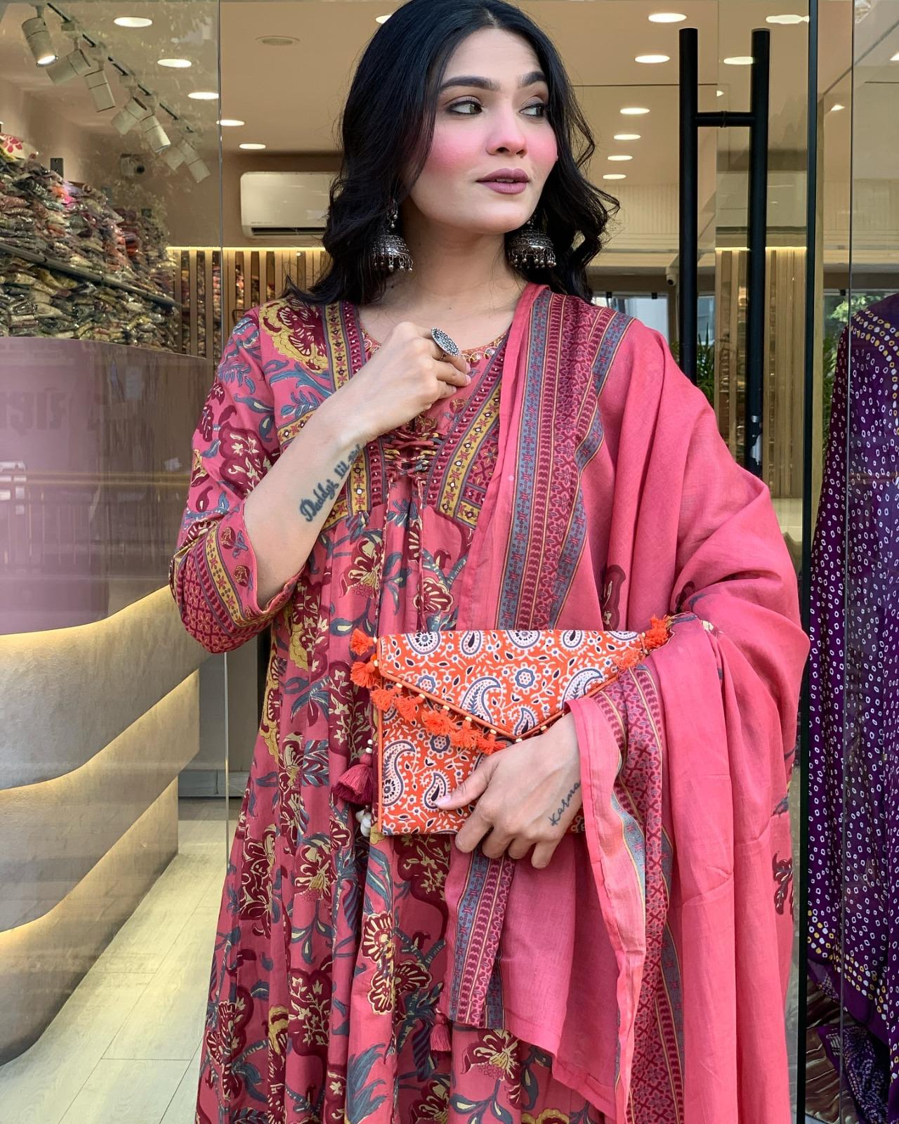 Traditional Rust Pink Print Cotton Kurta Set with Dupatta