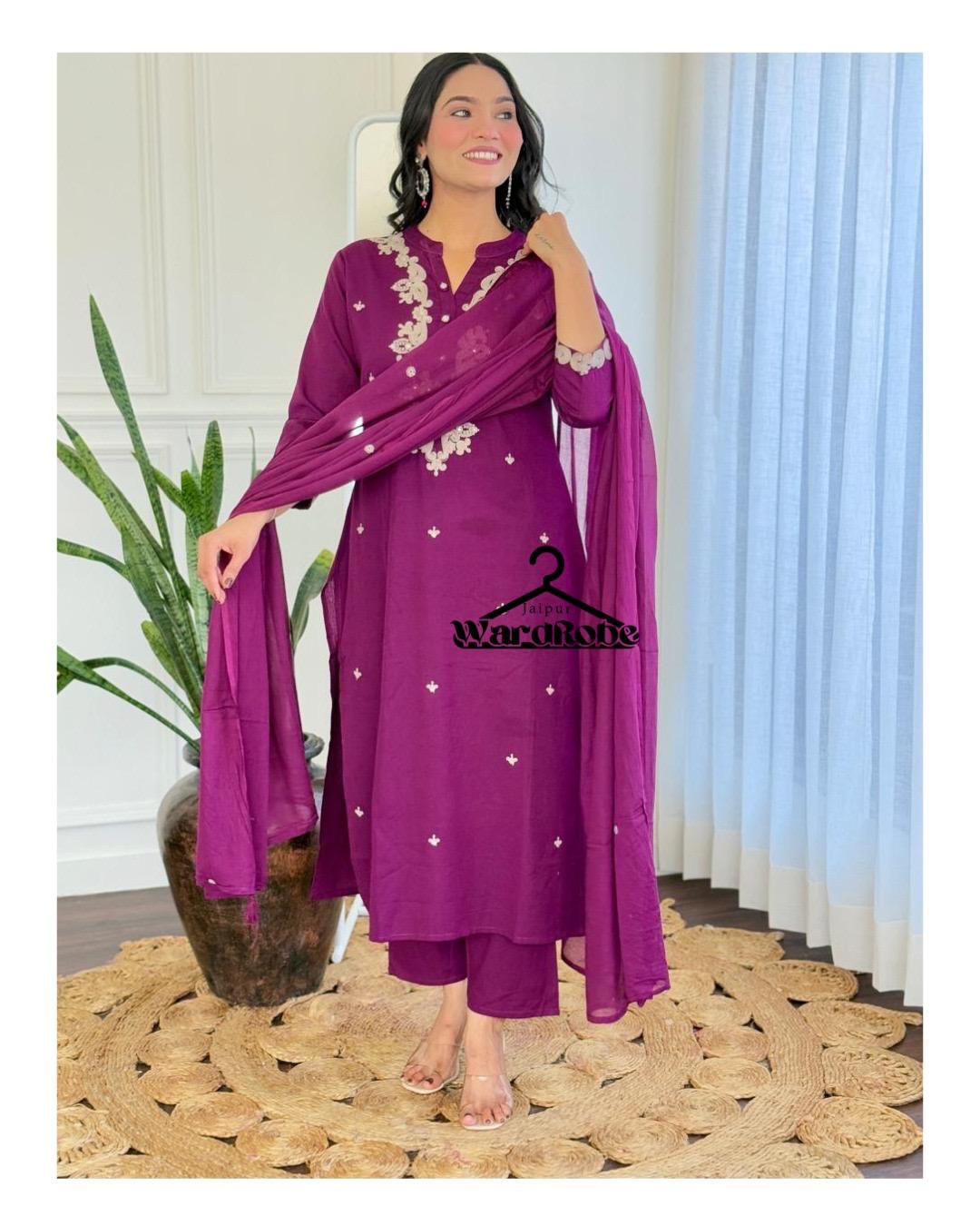 Regal Plum Purple Embroidered Cotton Kurta Set with Dupatta