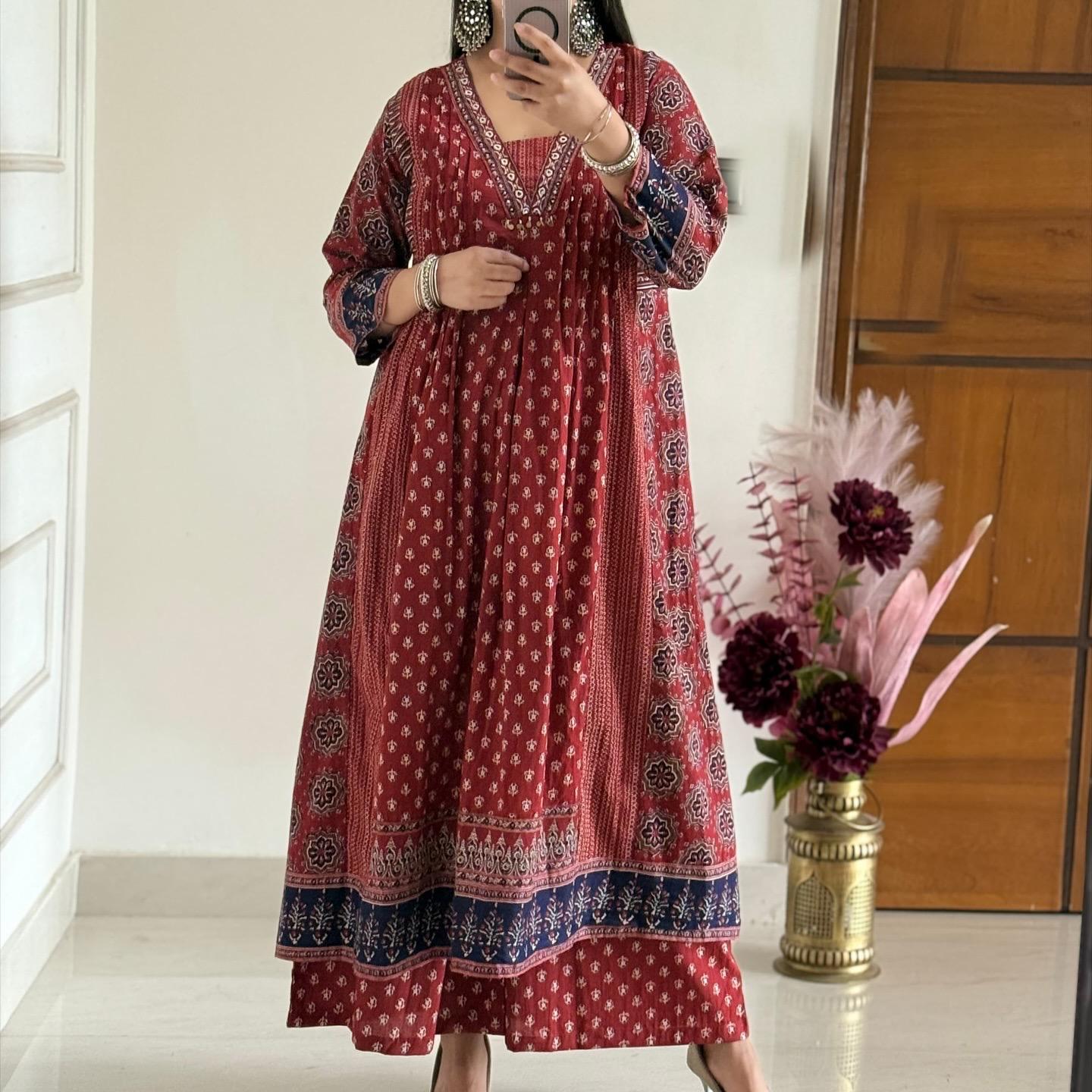 Boho Chic Rust Red & Indigo Block Print Cotton Anarkali Set with Dupatta