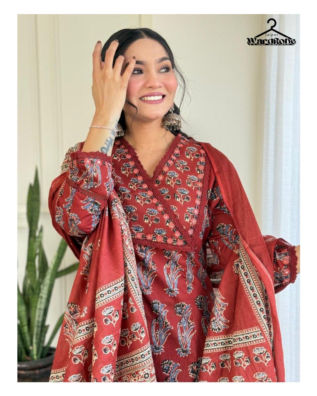 Traditional Rust Red Block Print Cotton Kurta Set with Dupatta