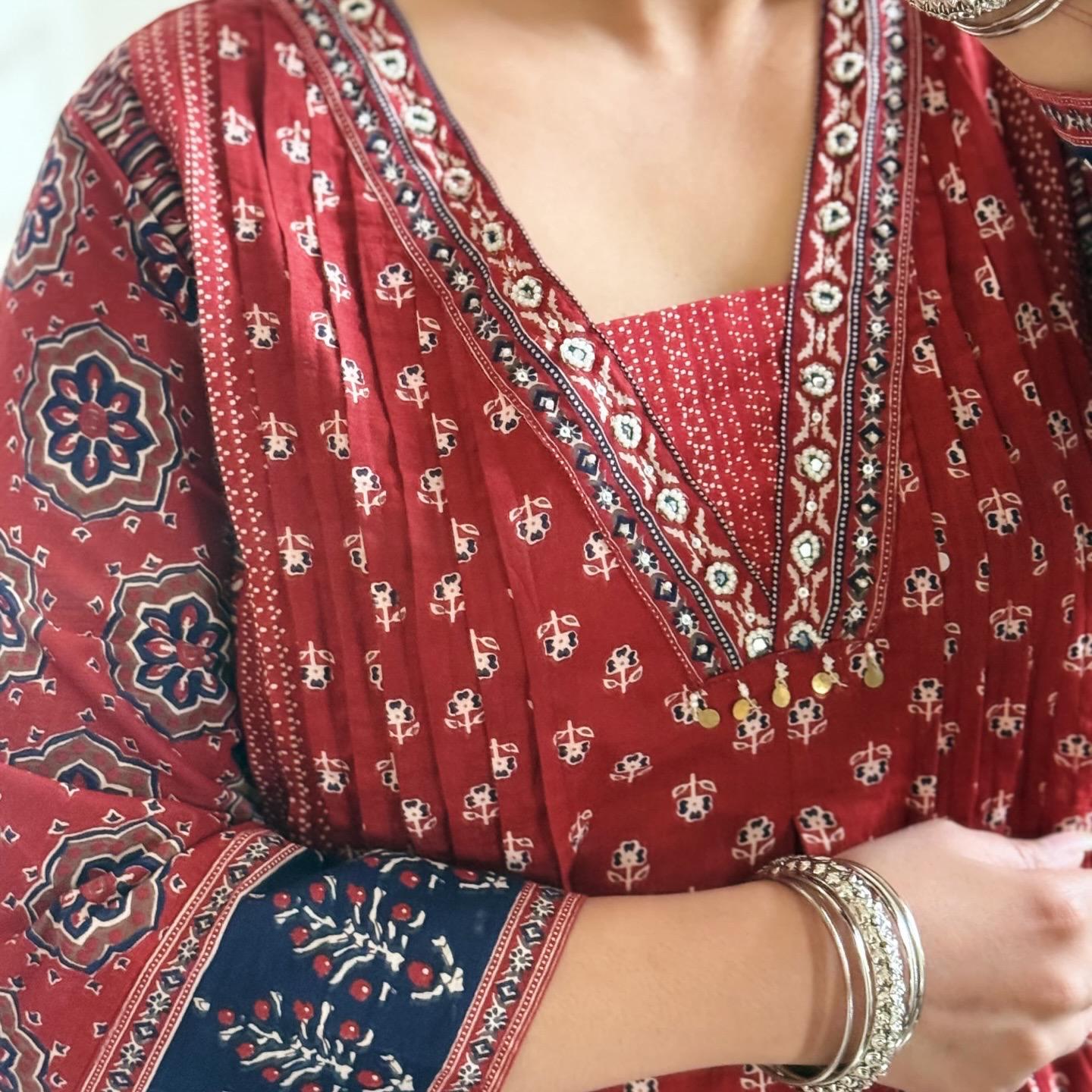 Boho Chic Rust Red & Indigo Block Print Cotton Anarkali Set with Dupatta