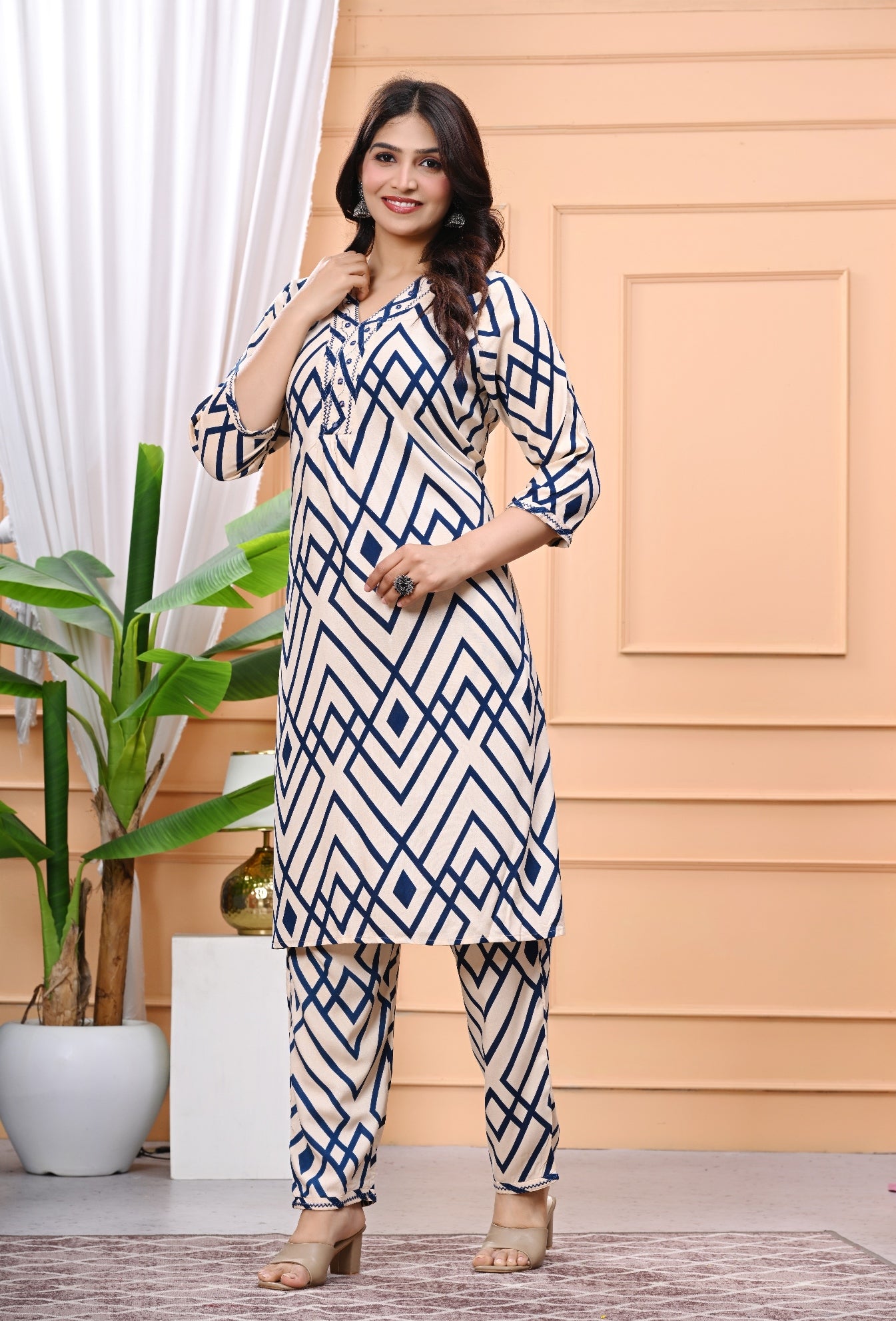 Geometric Print Beige & Navy Blue Cotton Kurta Set with Detailing