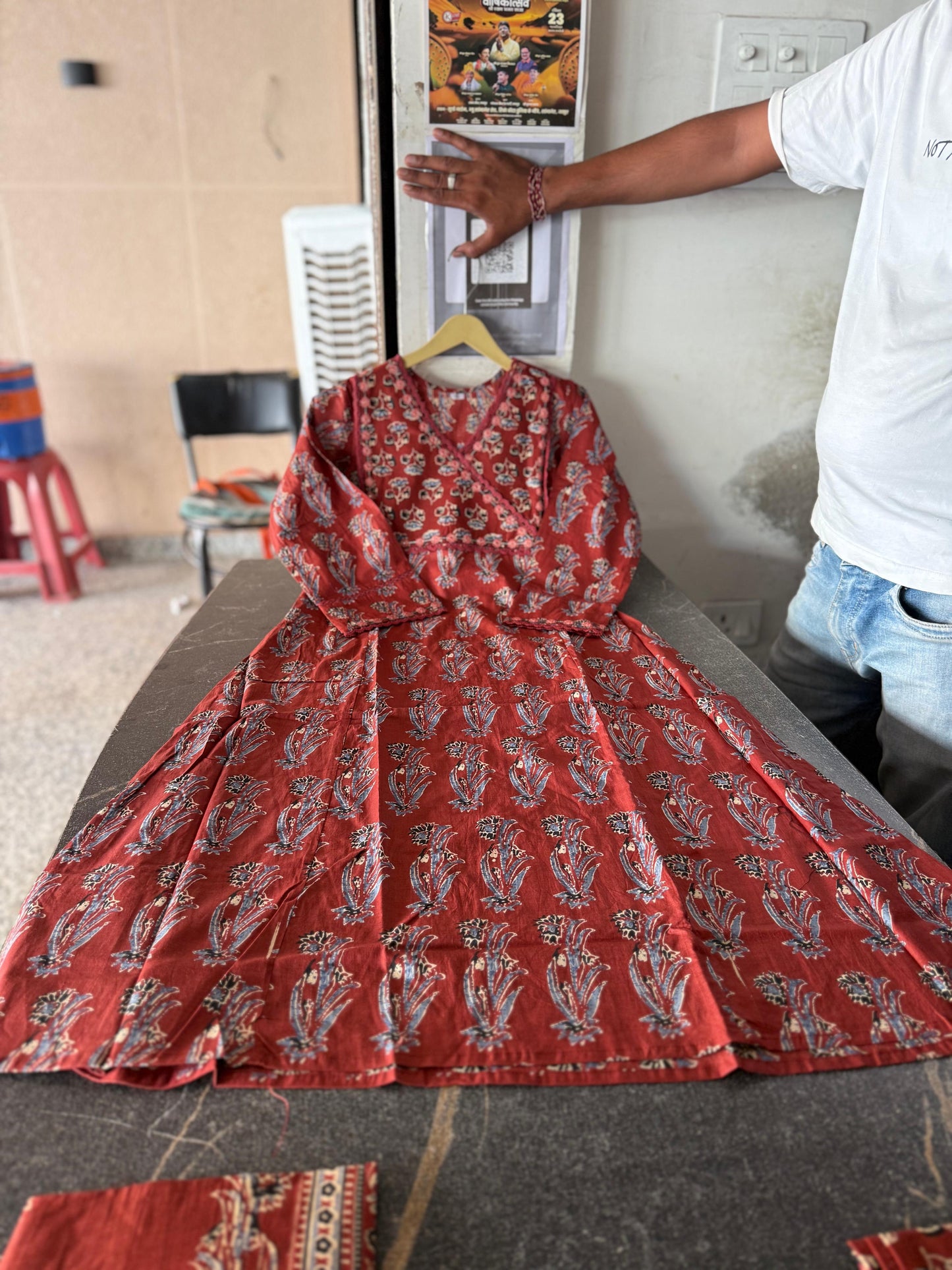 Traditional Rust Red Block Print Cotton Kurta Set with Dupatta