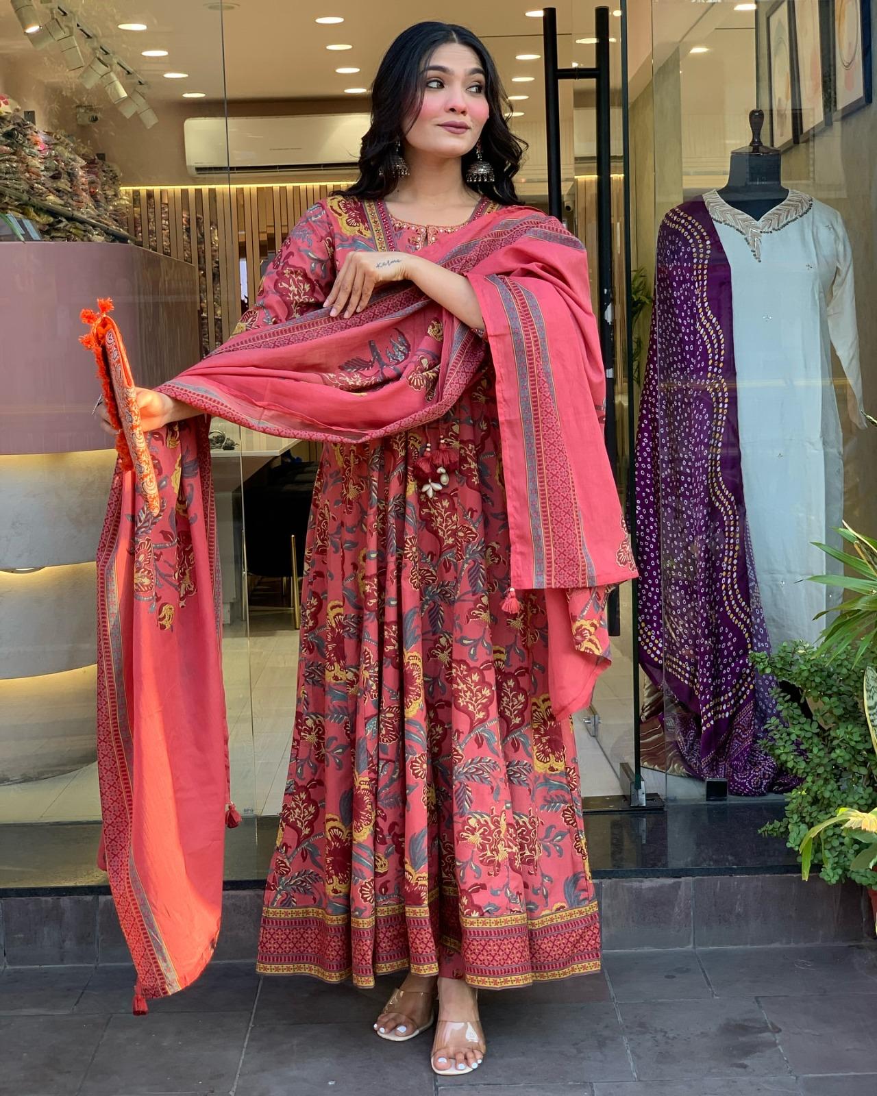 Traditional Rust Pink Print Cotton Kurta Set with Dupatta