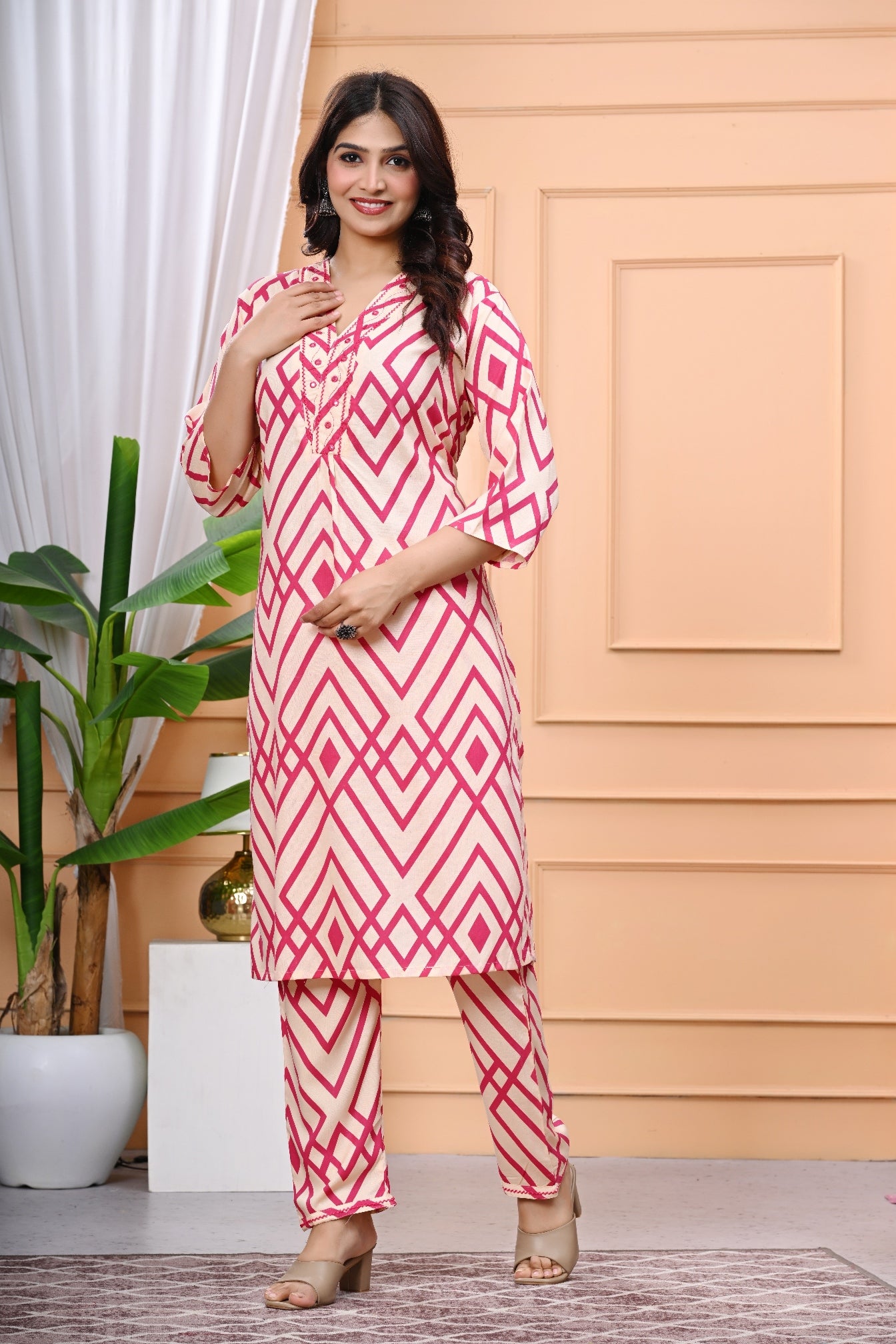 Vibrant Geometric Print Beige & Pink Cotton Kurta Set with Detailing