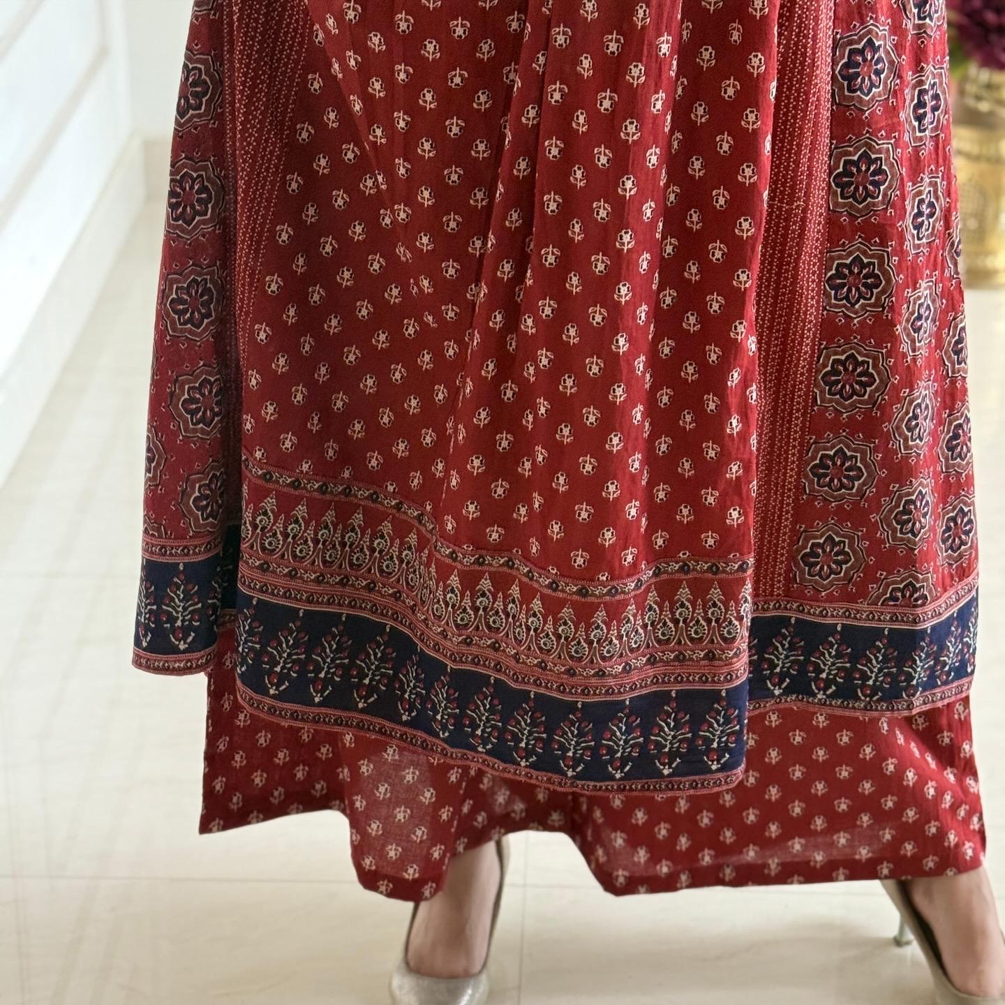 Boho Chic Rust Red & Indigo Block Print Cotton Anarkali Set with Dupatta