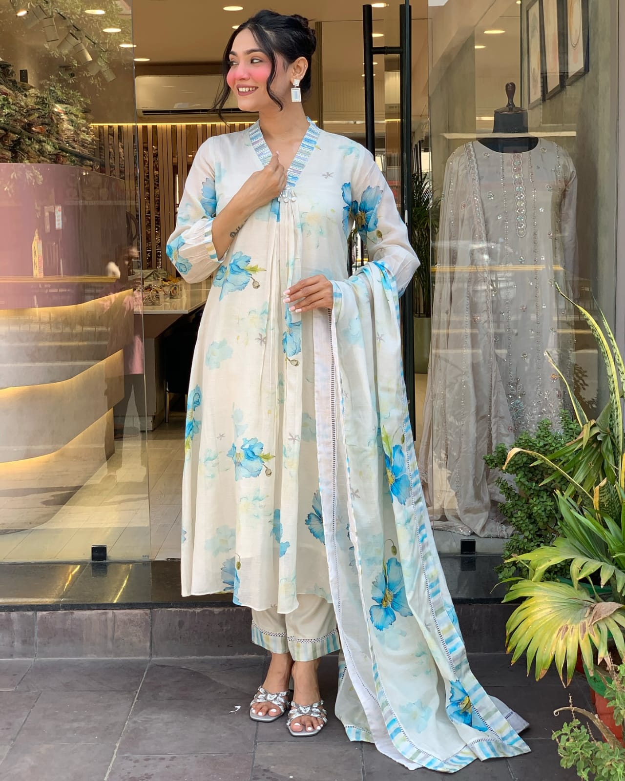 Hand-Painted Floral Anarkali Set