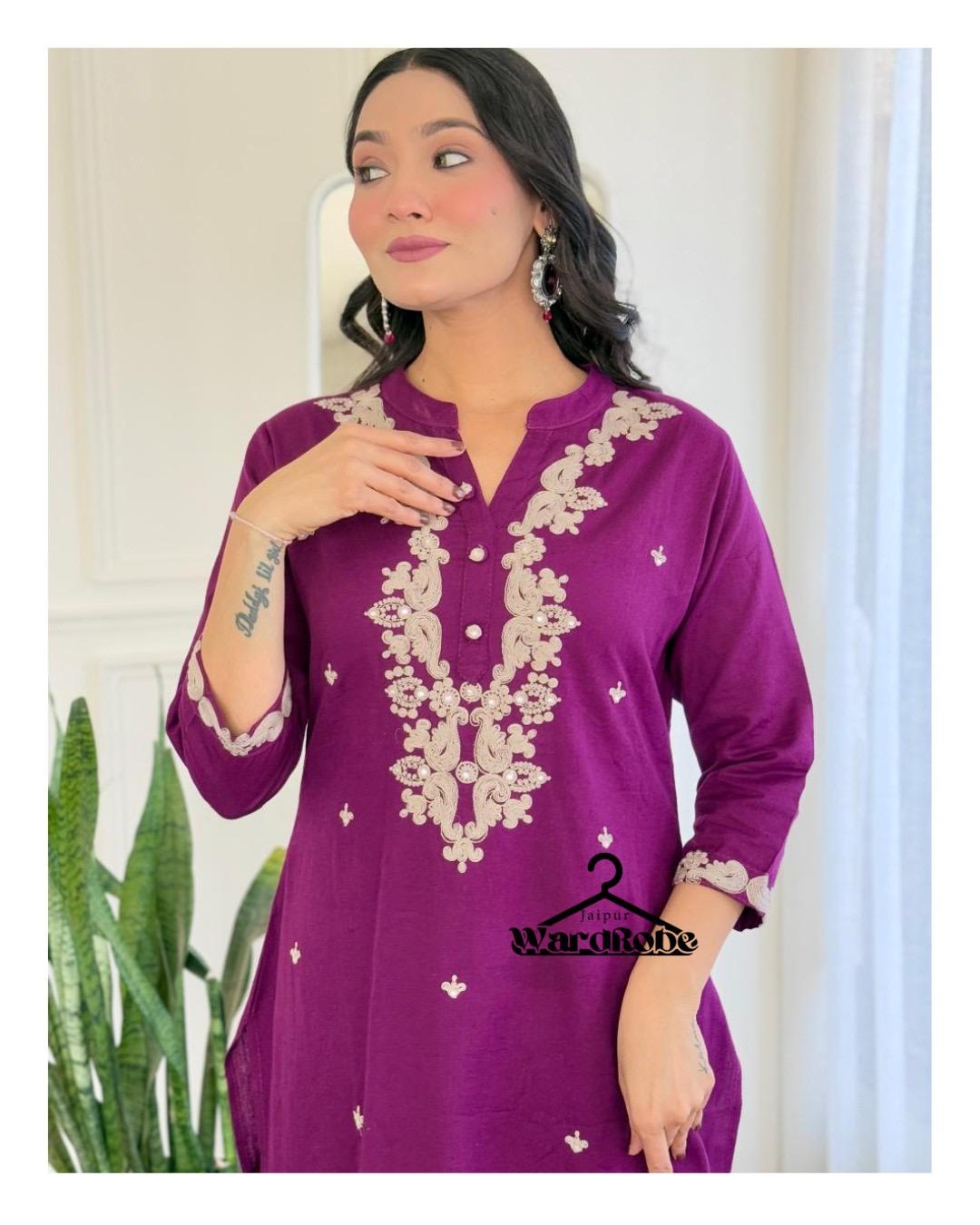 Regal Plum Purple Embroidered Cotton Kurta Set with Dupatta