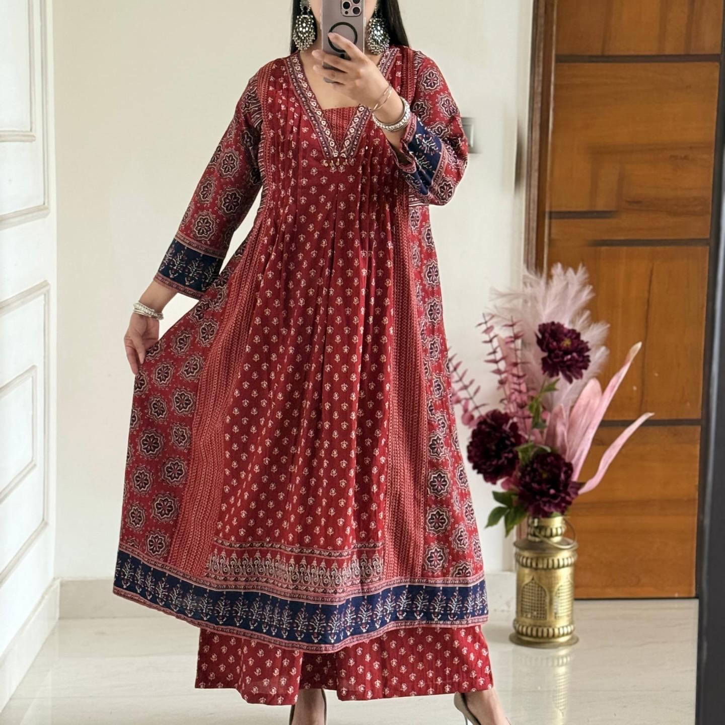Boho Chic Rust Red & Indigo Block Print Cotton Anarkali Set with Dupatta