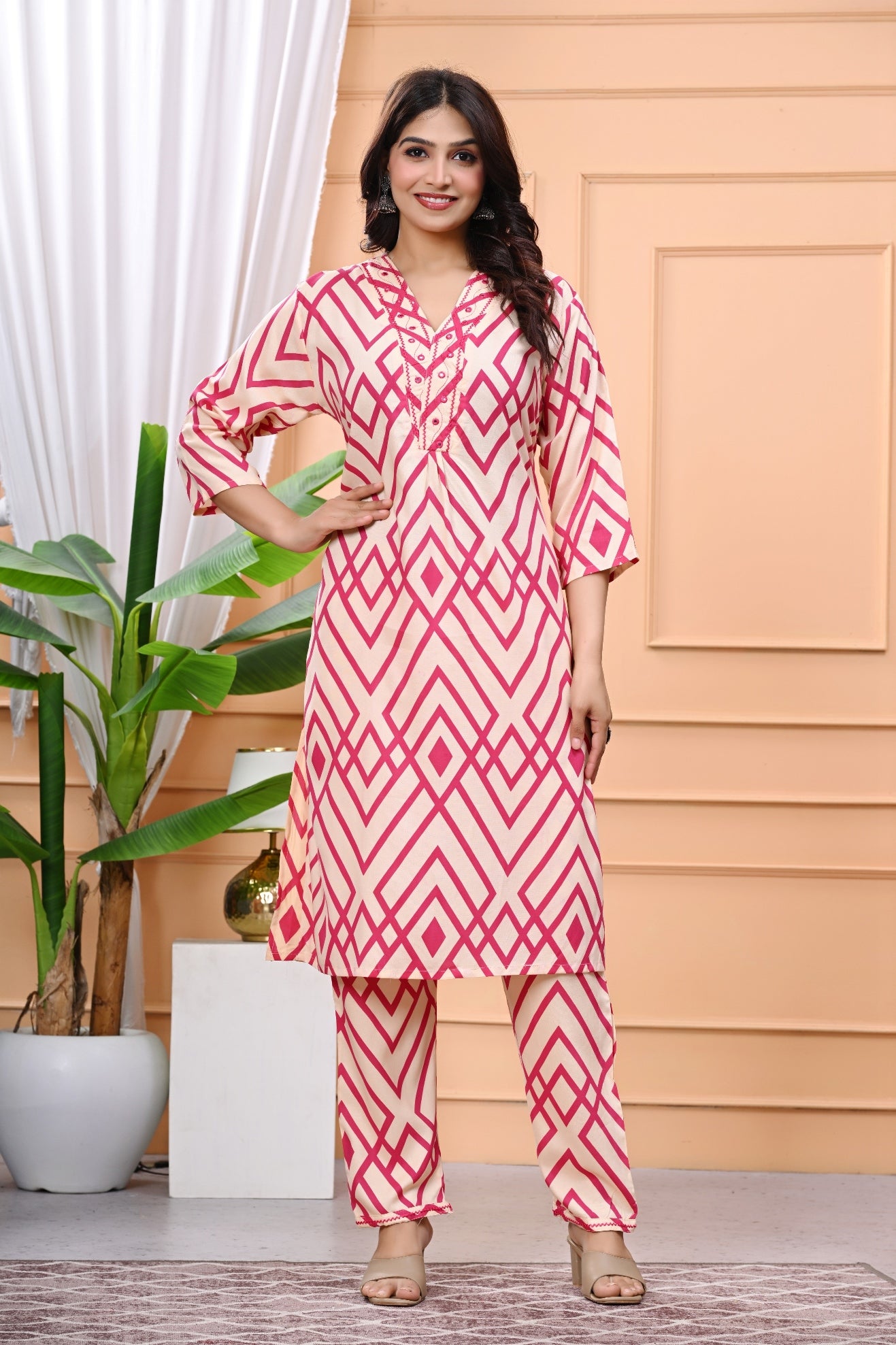 Vibrant Geometric Print Beige & Pink Cotton Kurta Set with Detailing