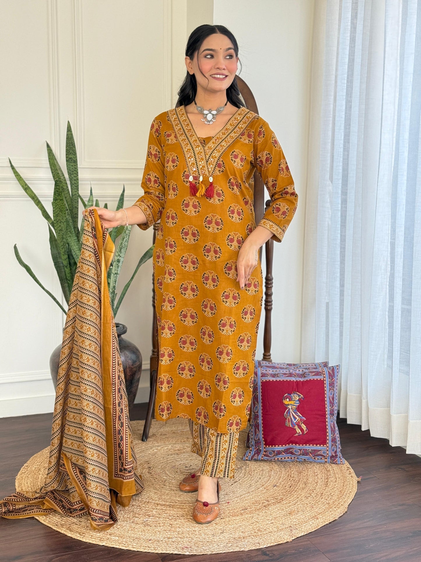 Women's Printed & Hand Embroidered Kurta Pant Dupatta Set
