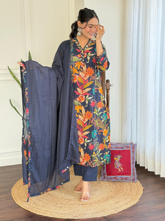 Midnight Blue Floral Embroidered Cotton Kurta Set with Dupatta